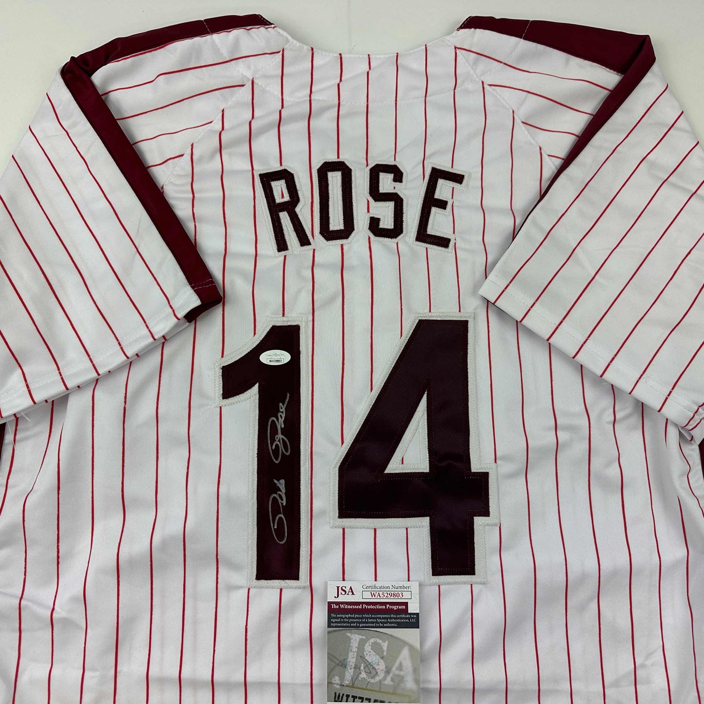 Autographed/Signed Pete Rose Philadelphia Pinstripe Baseball Jersey JSA COA