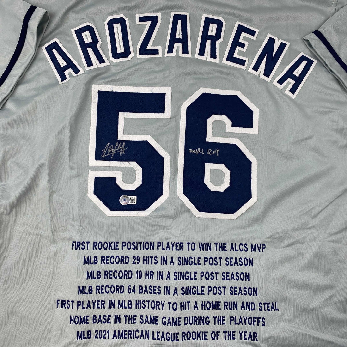 Autographed/Signed Randy Arozarena Tampa Bay Grey Stat Baseball Jersey Beckett BAS COA