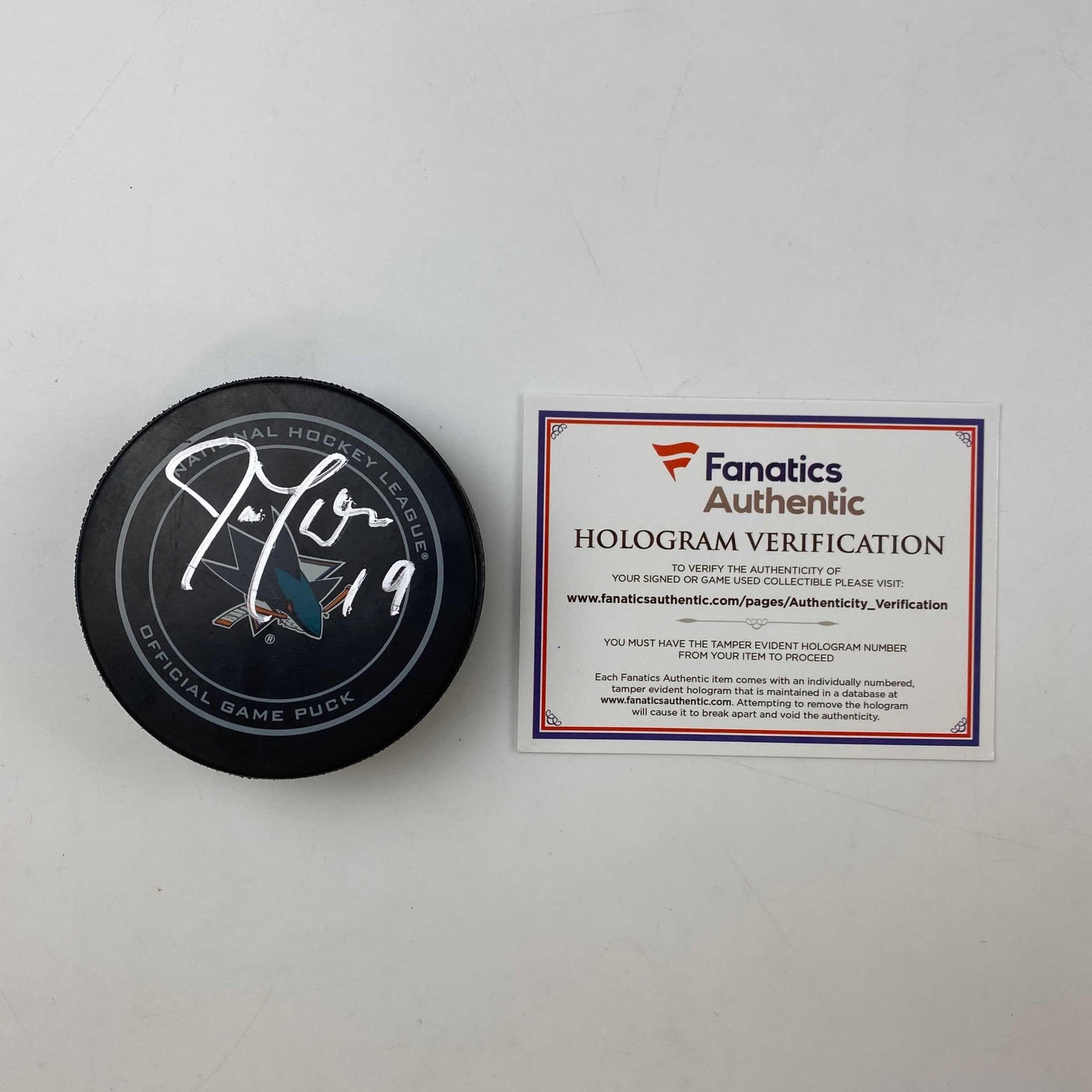 Autographed/Signed Joe Thornton Official Logo Hockey Puck Fanatics COA