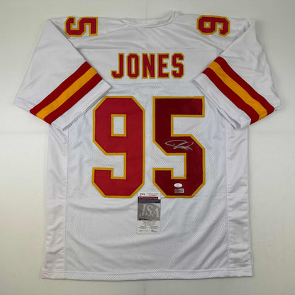 Autographed/Signed Chris Jones Kansas City White Football Jersey JSA COA
