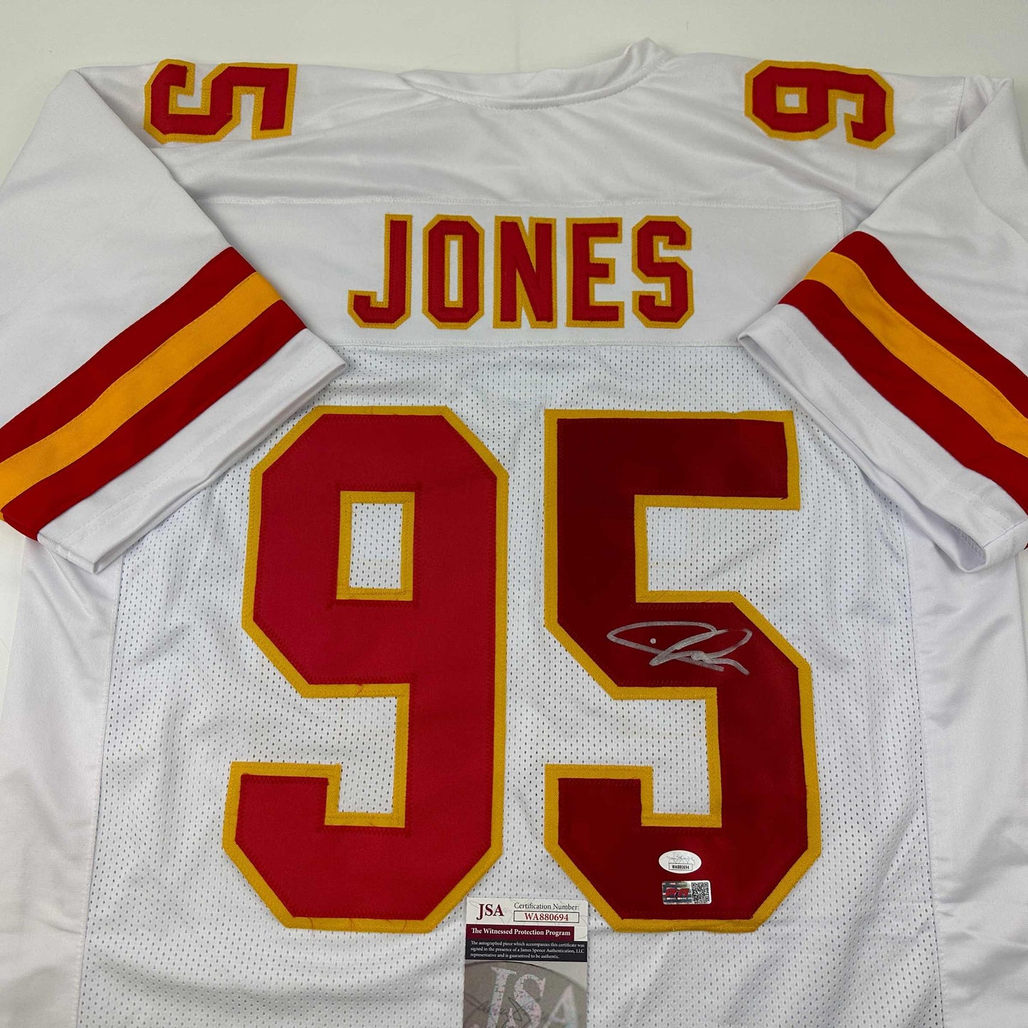 Autographed/Signed Chris Jones Kansas City White Football Jersey JSA COA