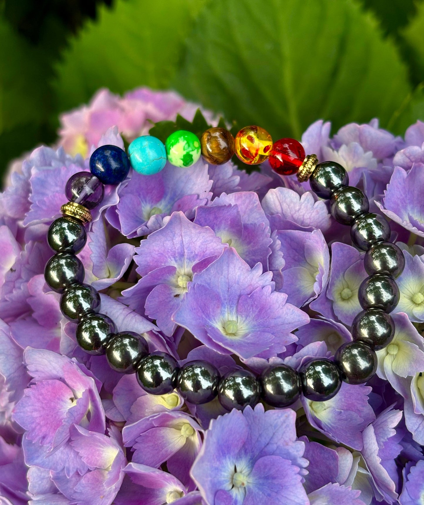 Chakra Healing Reiki-Infused Beaded Bracelet with Hematite for Full-Spectrum Balance, Grounding & Protection (Medium or Large Wrists)