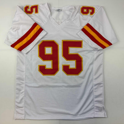 Autographed/Signed Chris Jones Kansas City White Football Jersey JSA COA