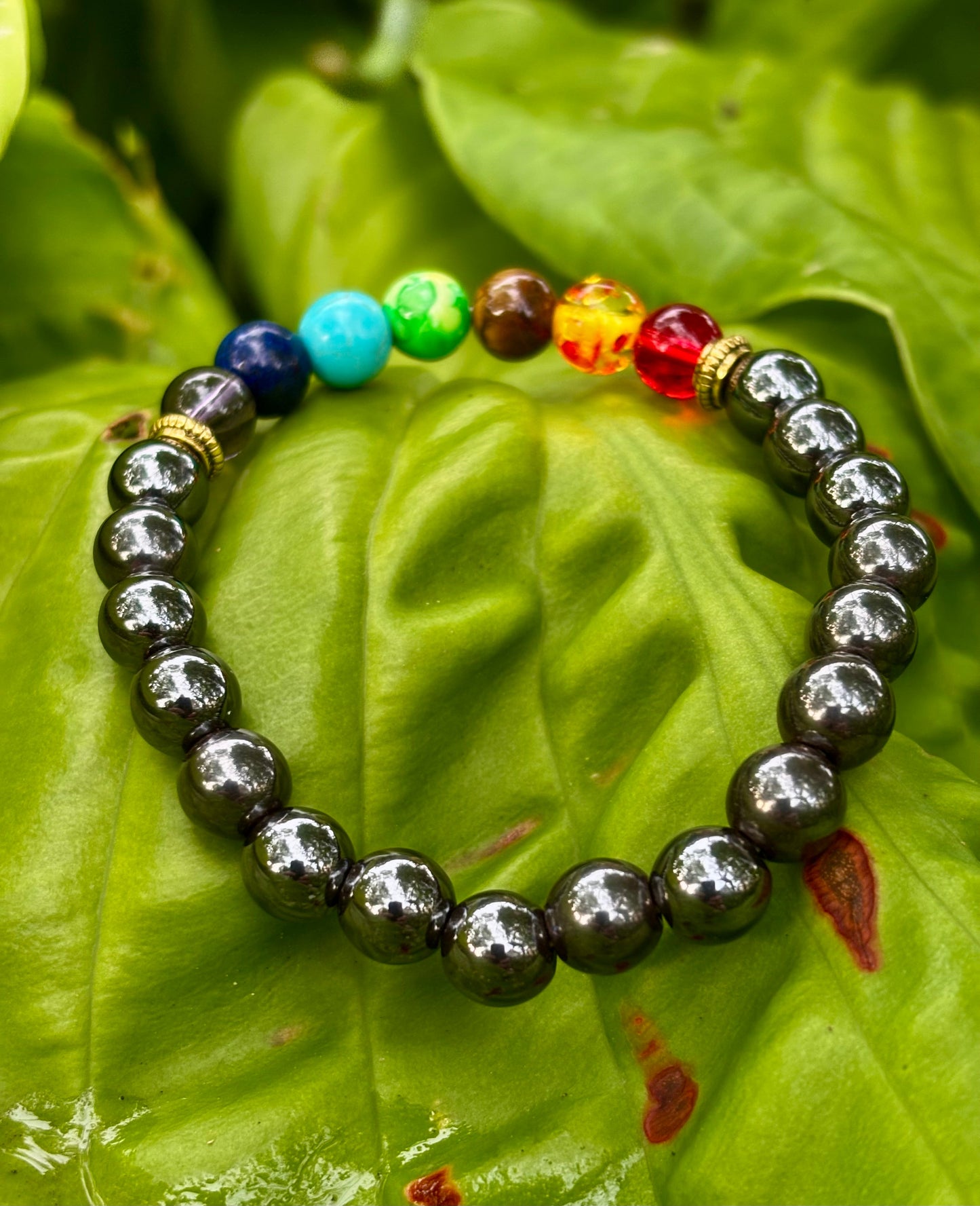 Chakra Healing Reiki-Infused Beaded Bracelet with Hematite for Full-Spectrum Balance, Grounding & Protection (Medium or Large Wrists)