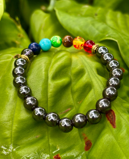Chakra Healing Reiki-Infused Beaded Bracelet with Hematite for Full-Spectrum Balance, Grounding & Protection (Medium or Large Wrists)