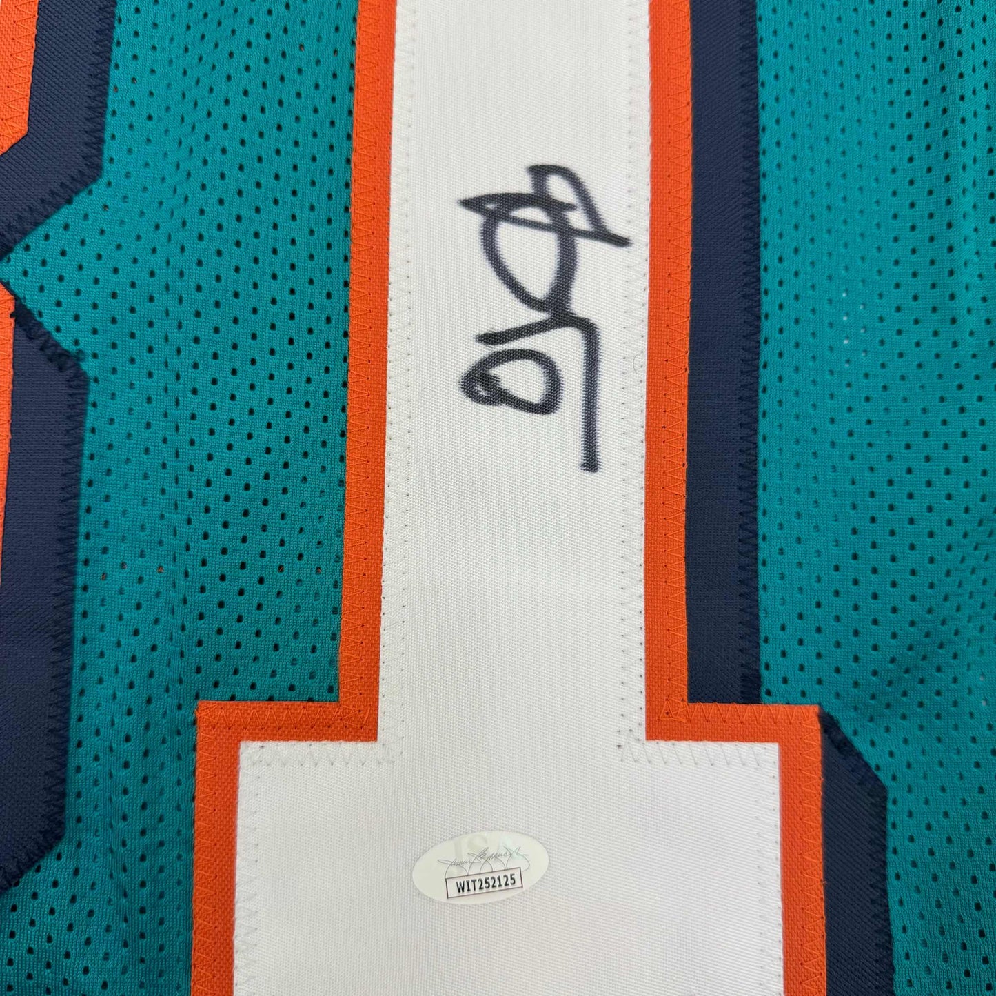 Autographed/Signed O.J. OJ McDuffie Miami Teal Football Jersey JSA COA