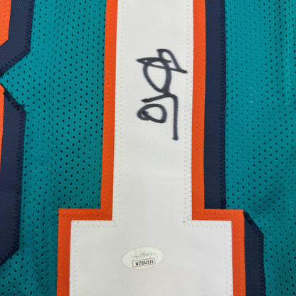 Autographed/Signed O.J. OJ McDuffie Miami Teal Football Jersey JSA COA