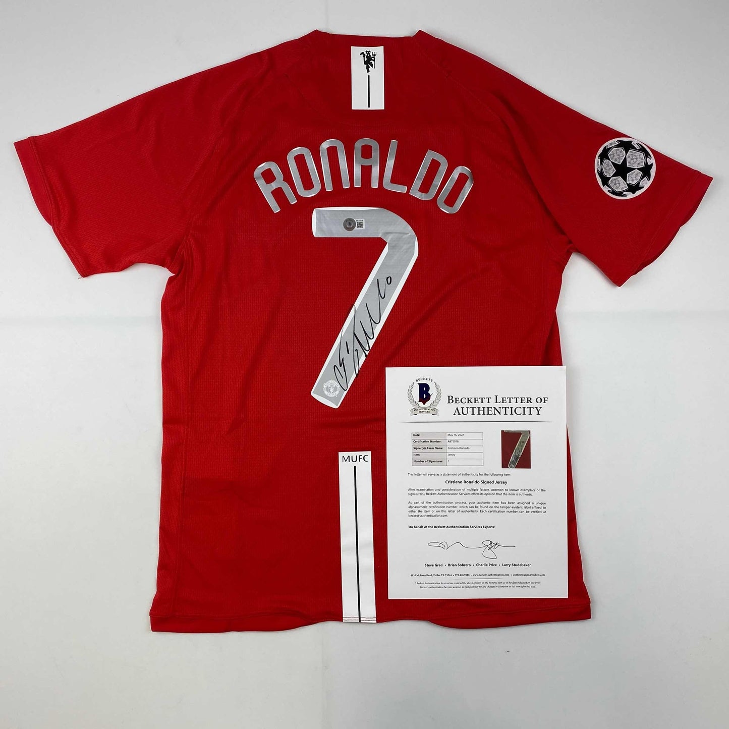 Autographed/Signed Cristiano Ronaldo Manchester United Red 2008 Champions League Final Soccer Jersey Beckett BAS COA/LOA