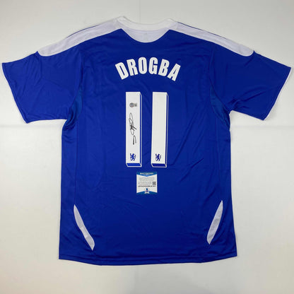Autographed/Signed Didier Drogba Chelsea FC Blue Soccer Futbol Jersey Beckett BAS COA