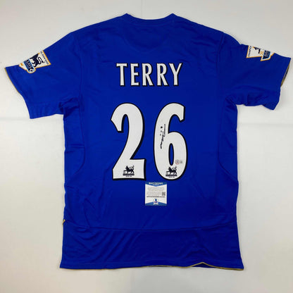 Autographed/Signed John Terry Chelsea FC Blue Soccer Futbol Jersey Beckett BAS COA