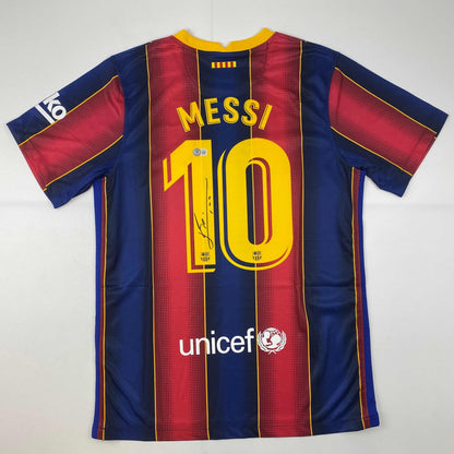 Autographed/Signed Lionel Leo Messi FC Barcelona Blue Soccer Jersey Beckett BAS COA/LOA