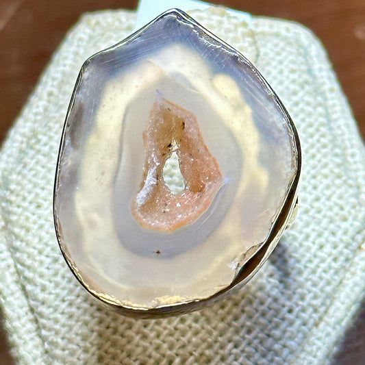 Pink Agate Geode Slice Ring – Sterling Silver – Size 9