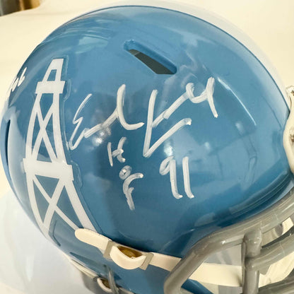 Autographed/Signed Earl Campbell & Warren Moon "HOF 91" & "HOF 06" Houston Oilers Mini Football Helmet Beckett BAS COA