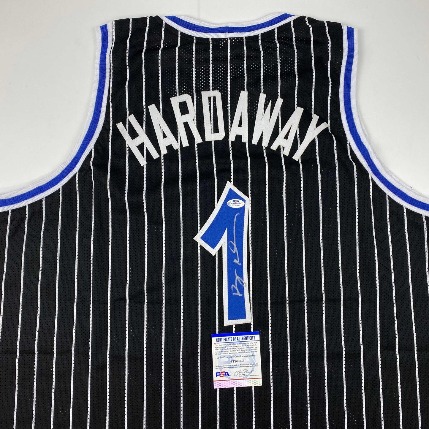 Autographed/Signed Anfernee Penny Hardaway Orlando Black Pinstripe Basketball Jersey PSA/DNA COA