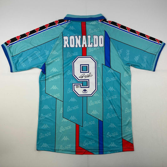 Autographed/Signed Ronaldo Nazario FC Barcelona 1996-97 Teal Soccer Jersey Beckett BAS COA