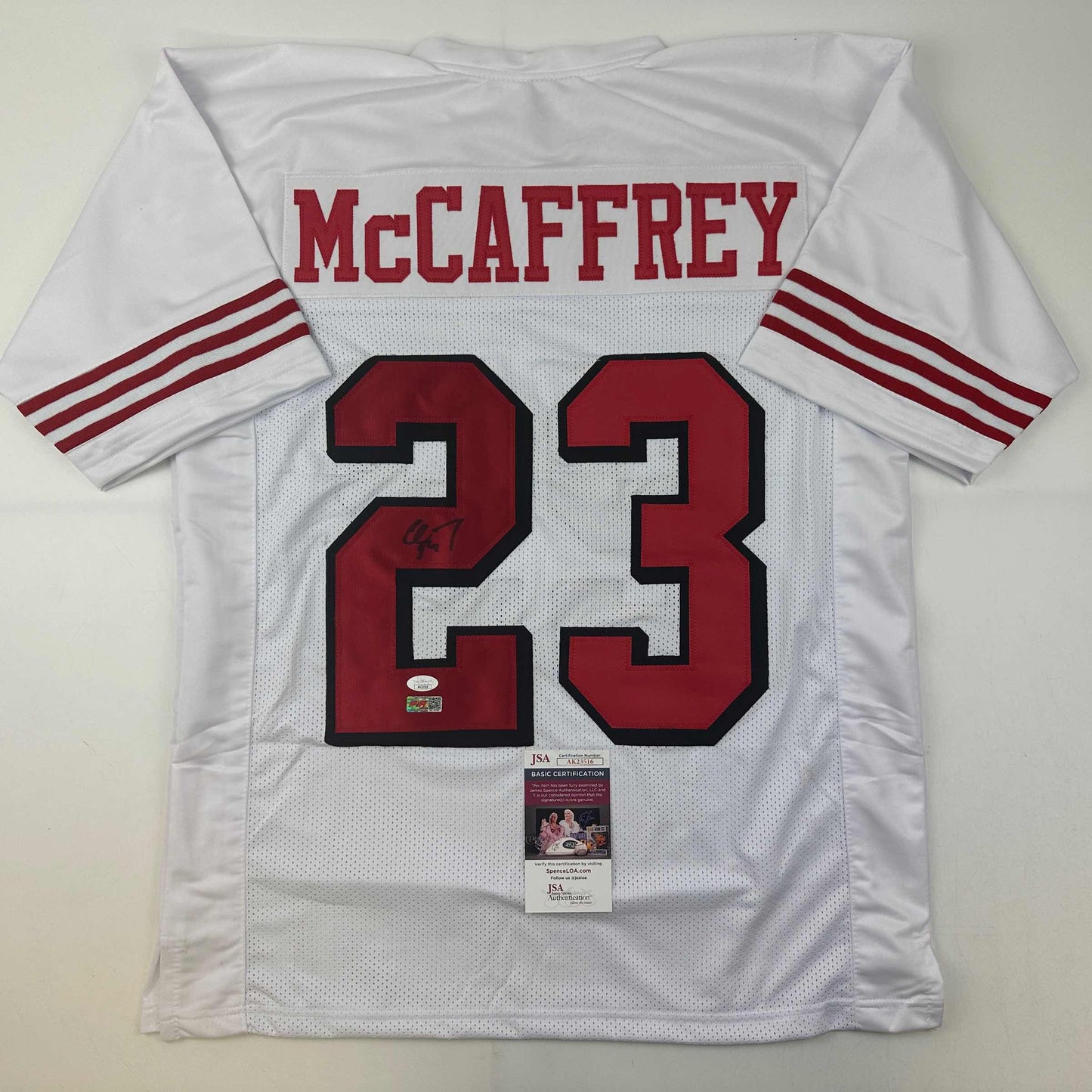 Autographed/Signed Christian McCaffrey San Francisco White Alternate Football Jersey JSA COA