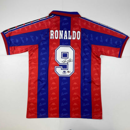 Autographed/Signed Ronaldo Nazario FC Barcelona Red/Blue Soccer Jersey Beckett BAS COA