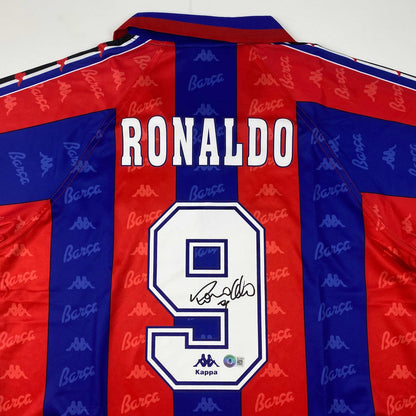 Autographed/Signed Ronaldo Nazario FC Barcelona Red/Blue Soccer Jersey Beckett BAS COA