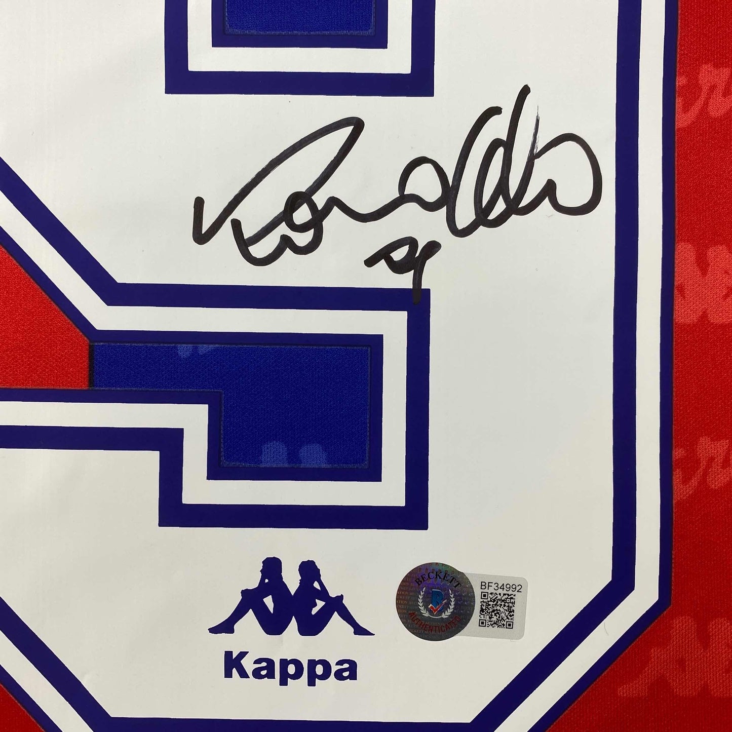 Autographed/Signed Ronaldo Nazario FC Barcelona Red/Blue Soccer Jersey Beckett BAS COA