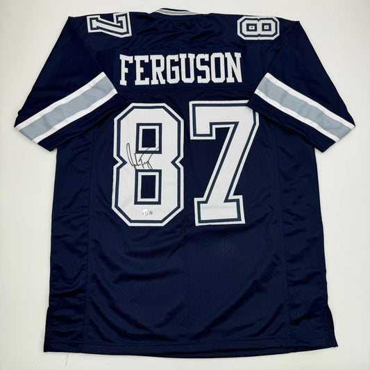 Autographed/Signed Jake Ferguson Dallas Blue Football Jersey Beckett BAS COA