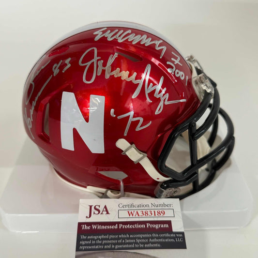 Autographed/Signed Johnny Rodgers, Mike Rozier, Eric Crouch Nebraska Cornhuskers Heisman Trophy Winners Red Flash Alternate Mini College Football Helmet JSA COA