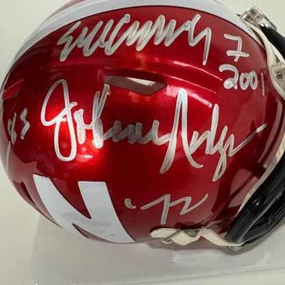 Autographed/Signed Johnny Rodgers, Mike Rozier, Eric Crouch Nebraska Cornhuskers Heisman Trophy Winners Red Flash Alternate Mini College Football Helmet JSA COA