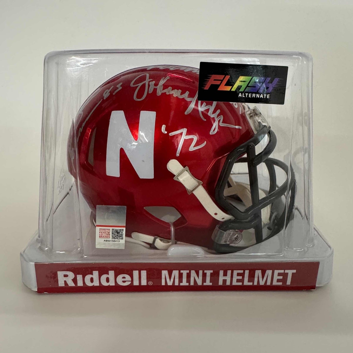 Autographed/Signed Johnny Rodgers, Mike Rozier, Eric Crouch Nebraska Cornhuskers Heisman Trophy Winners Red Flash Alternate Mini College Football Helmet JSA COA
