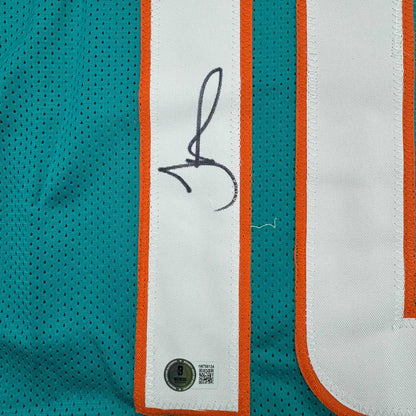 Framed Autographed/Signed Tyreek Hill 35x39 Miami Teal Football Jersey Beckett BAS COA