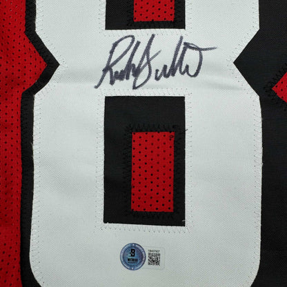 Framed Autographed/Signed Roddy White 35x39 Atlanta Red Football Jersey Beckett BAS COA