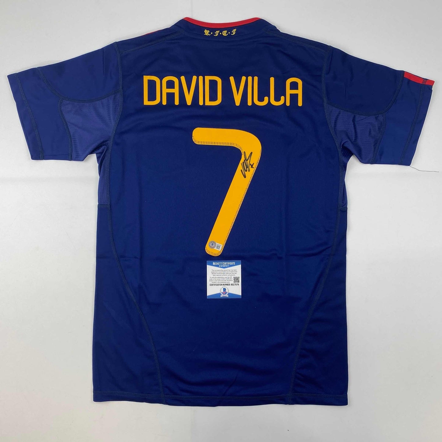 Autographed/Signed David Villa Spain Blue World Cup Soccer Jersey Beckett BAS COA