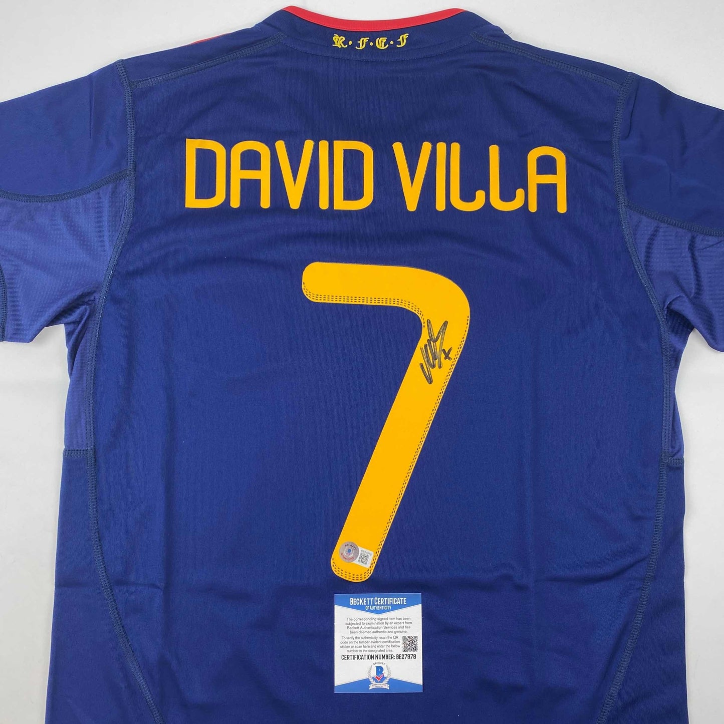 Autographed/Signed David Villa Spain Blue World Cup Soccer Jersey Beckett BAS COA
