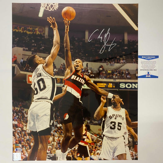 Autographed/Signed Clyde Drexler Portland Trail Blazers 16x20 Basketball Photo Beckett BAS COA