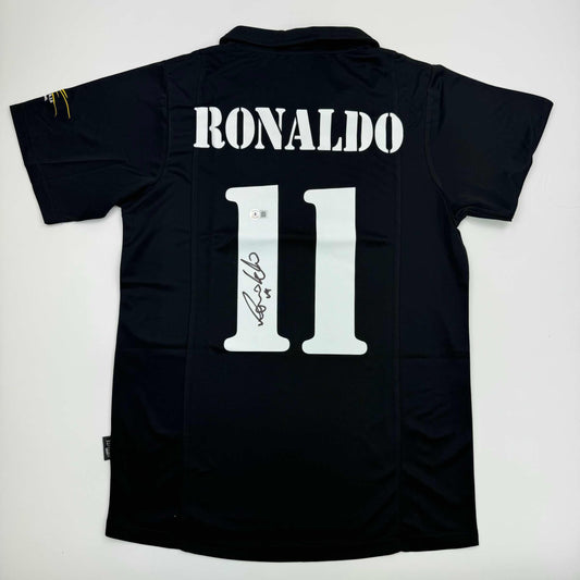 Autographed/Signed Ronaldo Nazario Real Madrid Black Soccer Jersey Beckett BAS COA