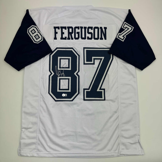 Autographed/Signed Jake Ferguson Dallas White Color Rush Football Jersey Beckett BAS COA