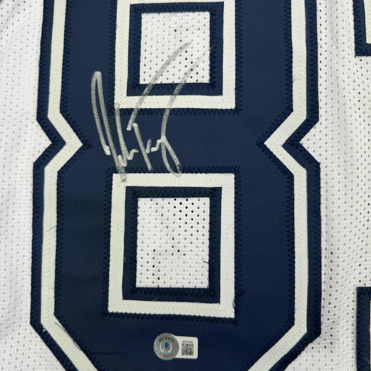 Autographed/Signed Jake Ferguson Dallas White Color Rush Football Jersey Beckett BAS COA