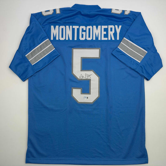 Autographed/Signed David Montgomery Detroit Blue Football Jersey Beckett BAS COA