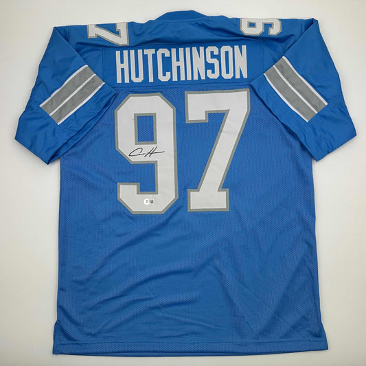 Autographed/Signed Aidan Hutchinson Detroit Blue Current Football Jersey Beckett BAS COA