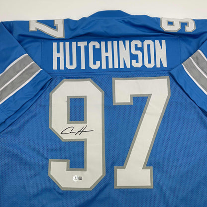 Autographed/Signed Aidan Hutchinson Detroit Blue Current Football Jersey Beckett BAS COA