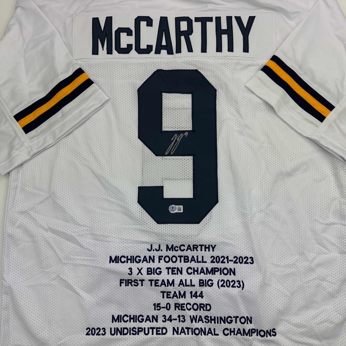 Autographed/Signed J.J. JJ McCarthy Michigan White College Stat Football Jersey Beckett BAS COA