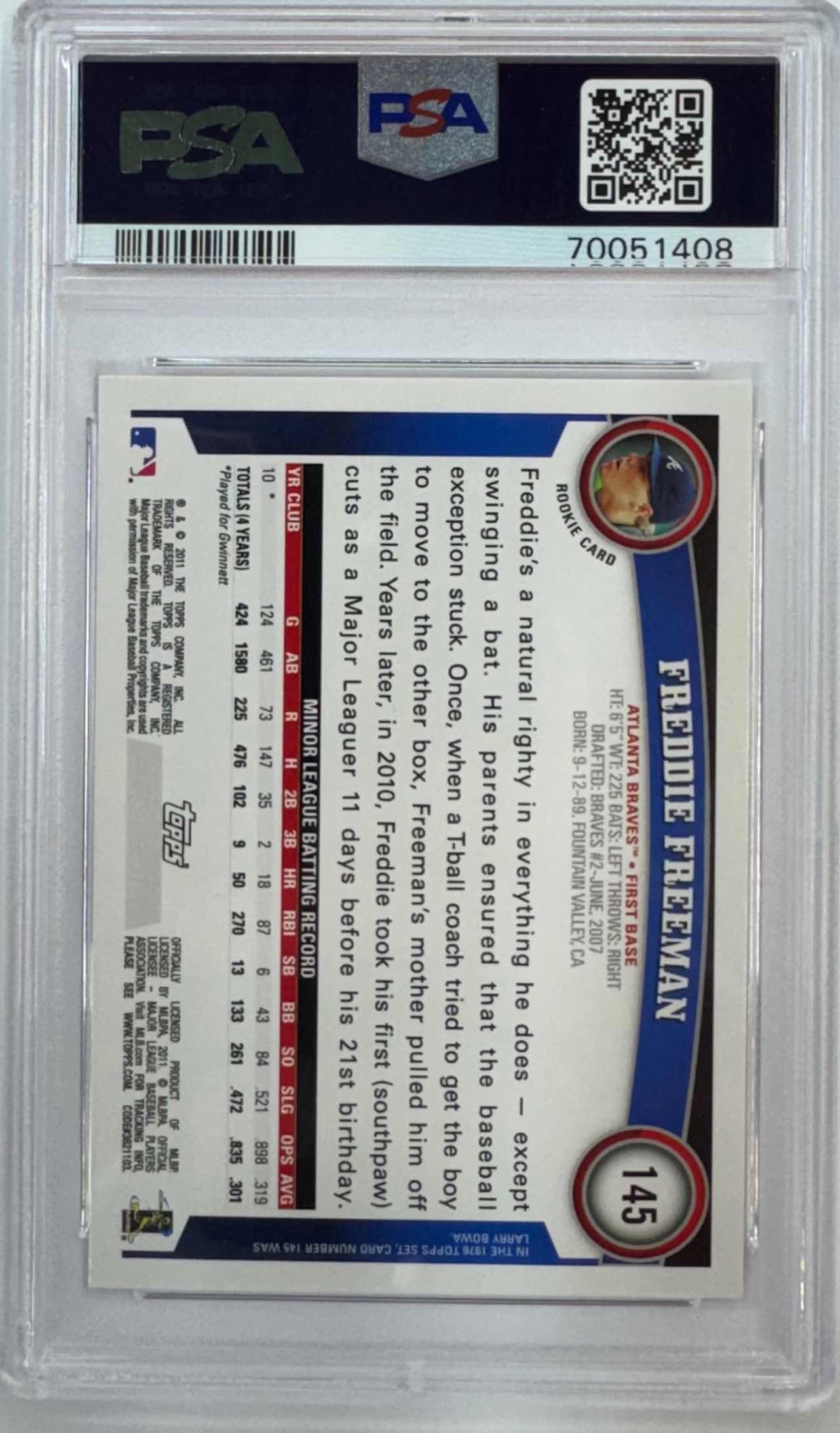 Graded 2011 Topps Freddie Freeman #145 Rookie RC Baseball Card PSA 10 Gem Mint