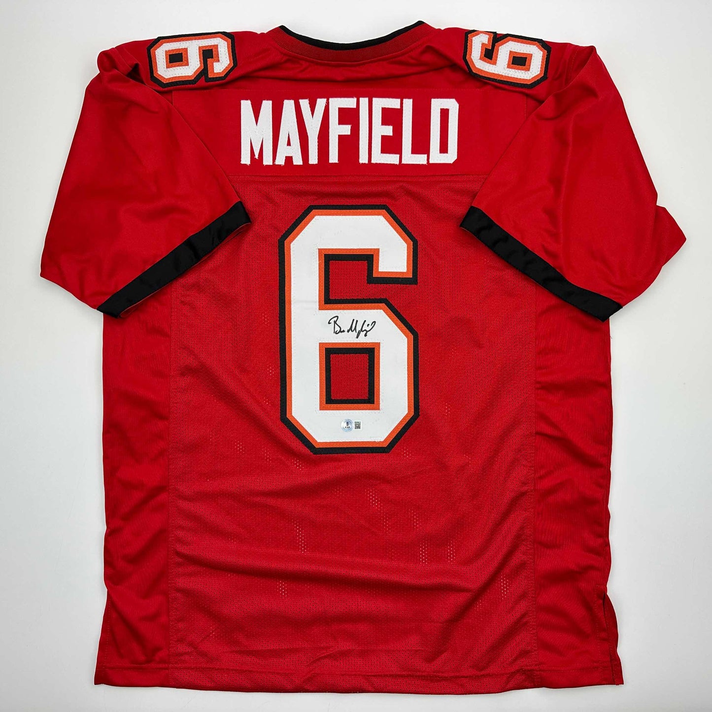 Autographed/Signed Baker Mayfield Tampa Bay Red Football Jersey Beckett BAS COA