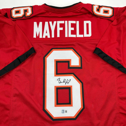 Autographed/Signed Baker Mayfield Tampa Bay Red Football Jersey Beckett BAS COA