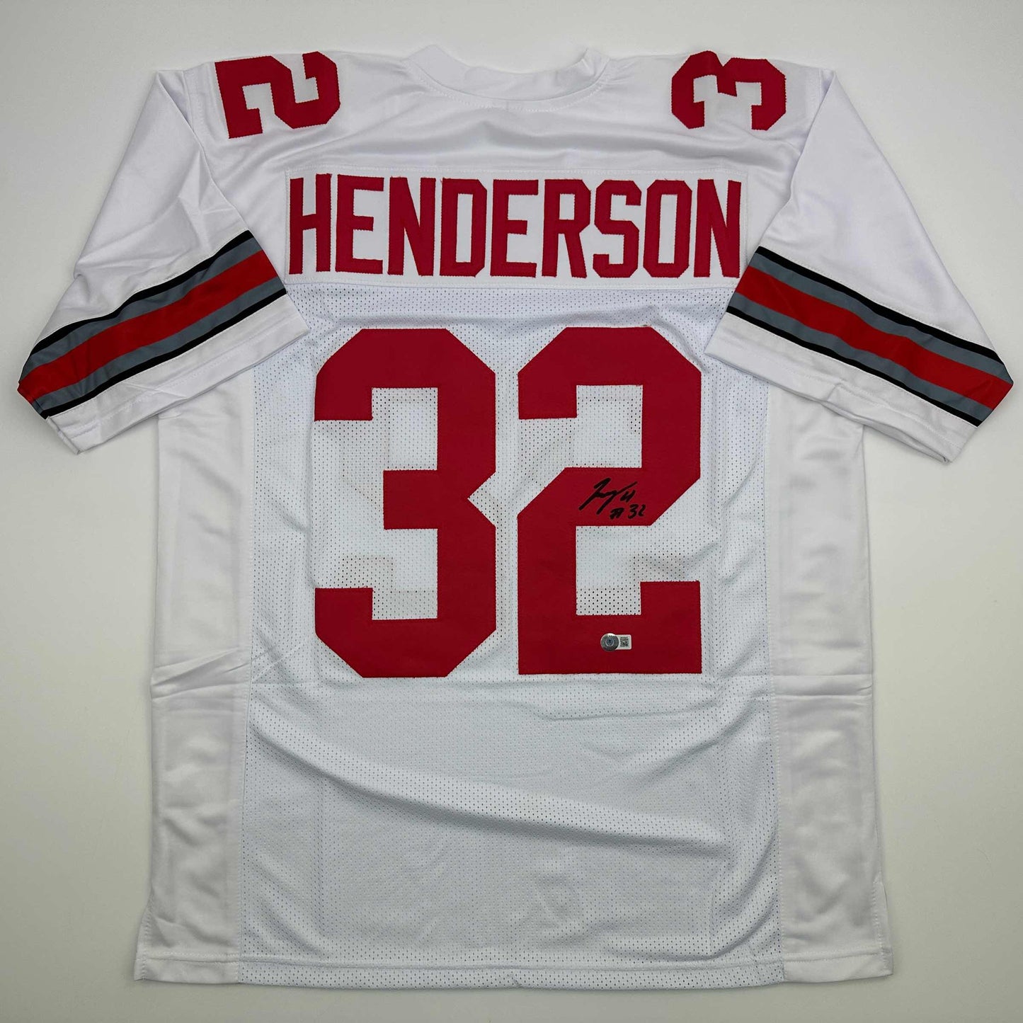Autographed/Signed TreVeyon Henderson Ohio State White College Football Jersey Beckett BAS COA