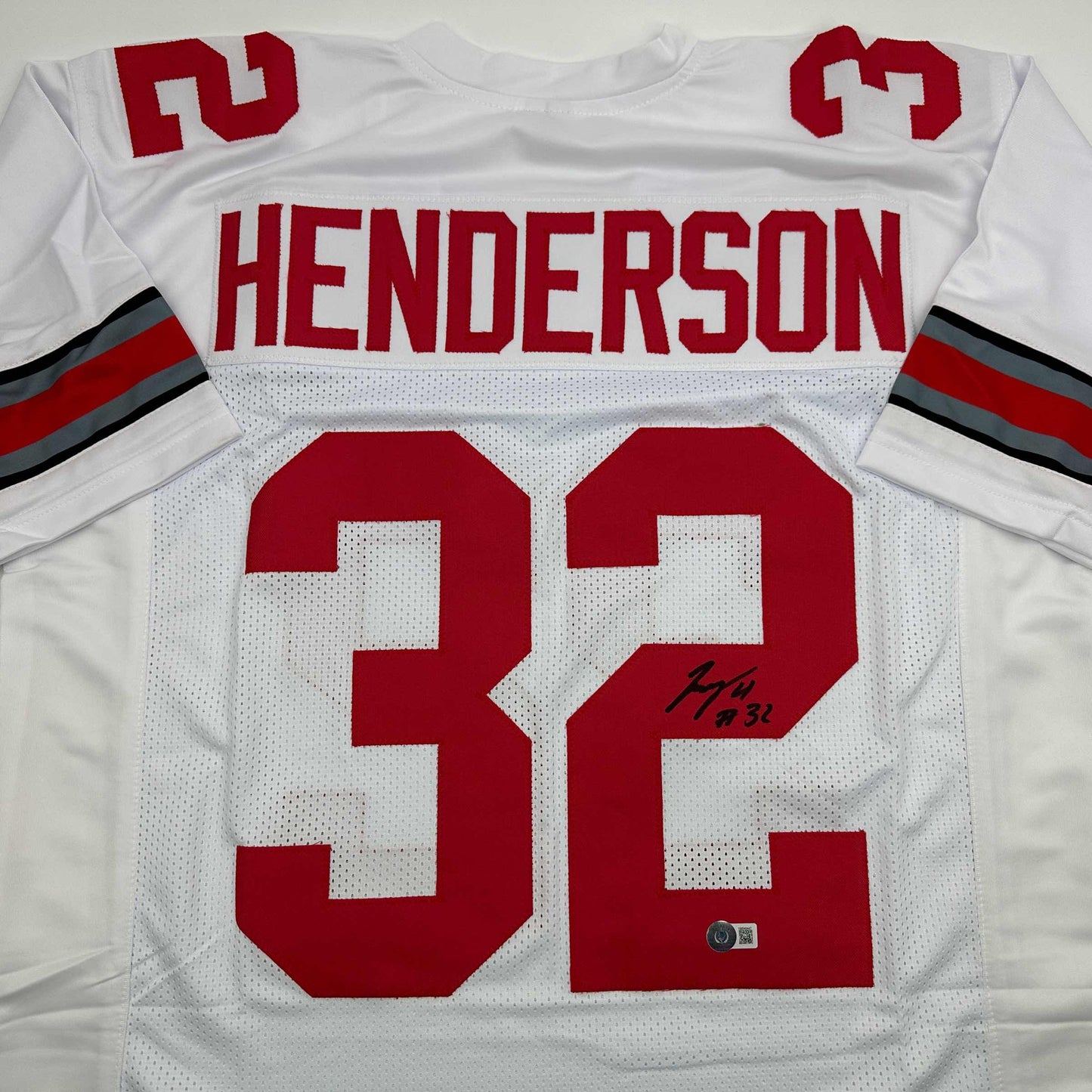 Autographed/Signed TreVeyon Henderson Ohio State White College Football Jersey Beckett BAS COA
