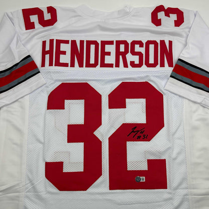 Autographed/Signed TreVeyon Henderson Ohio State White College Football Jersey Beckett BAS COA