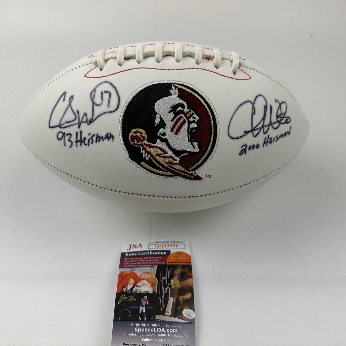 Autographed/Signed Chris Weinke & Charlie Ward Heisman Florida State Seminoles FSU Full Size White Panel Logo Football JSA COA