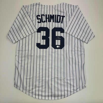 Autographed/Signed Clarke Schmidt New York Pinstripe Baseball Jersey Beckett BAS COA