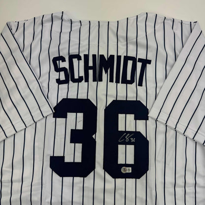 Autographed/Signed Clarke Schmidt New York Pinstripe Baseball Jersey Beckett BAS COA