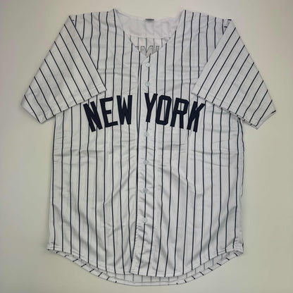 Autographed/Signed Clarke Schmidt New York Pinstripe Baseball Jersey Beckett BAS COA