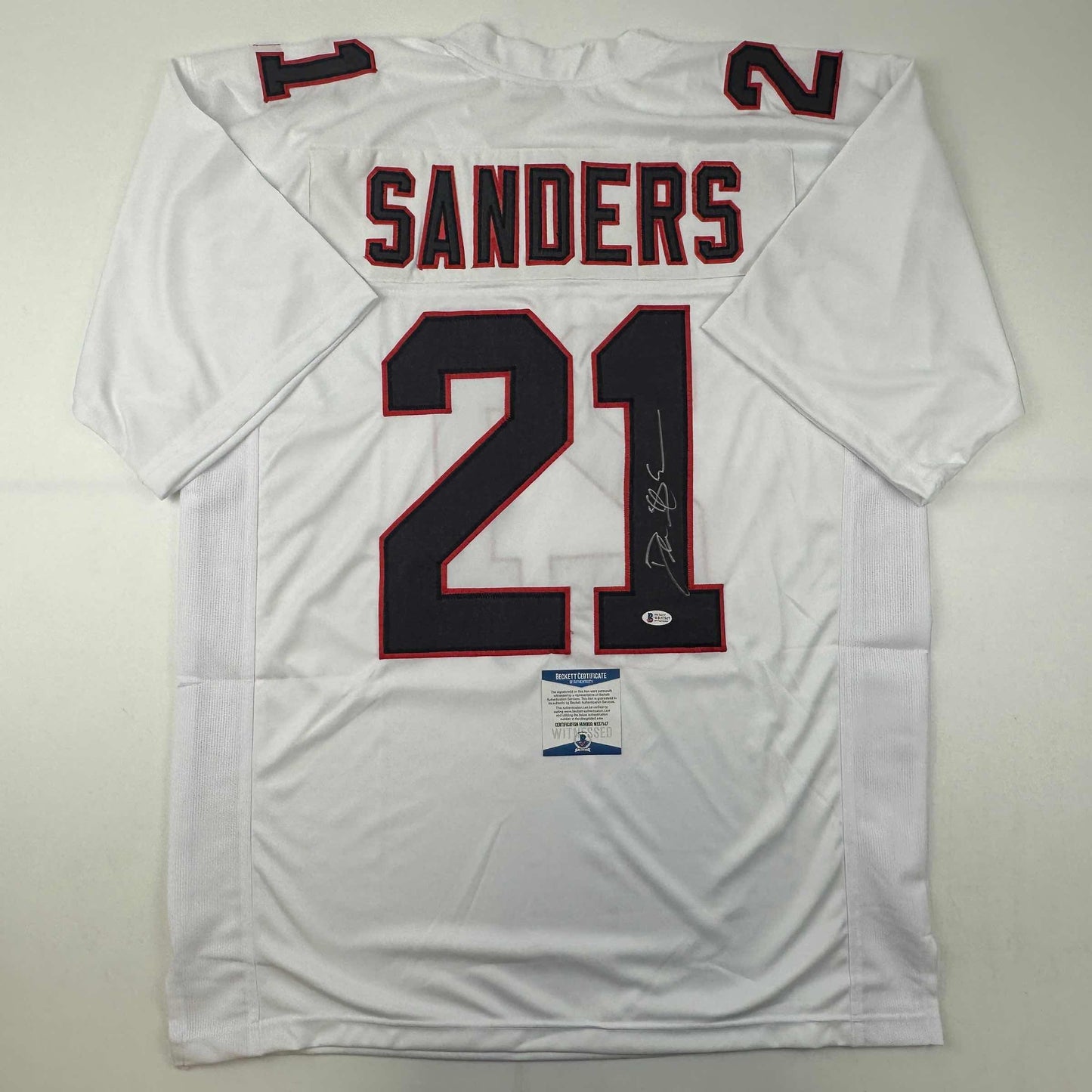 Autographed/Signed Deion Sanders Atlanta White Football Jersey Beckett BAS COA